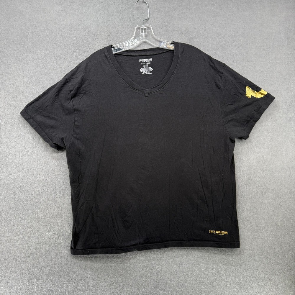 True Religion T-ShirtMens Black V-Neck Gold Foil Horseshoe Logo XL Pullover